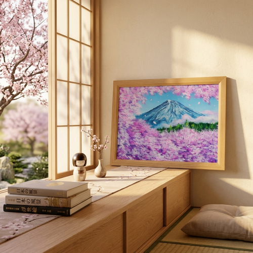 手書き油絵 静かな山河 絵画 インテリア 油彩画 原画】【招福・爛漫富士】運気が上がる黄金の富士山 油絵 油彩画