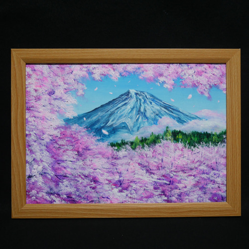 富士山開運絵画新春セール☆満開桜金富士A3サイズ額縁付運気上昇アクリル画原画 原画】【招福・爛漫富士】運気が上がる黄金の富士山 油絵 油彩画