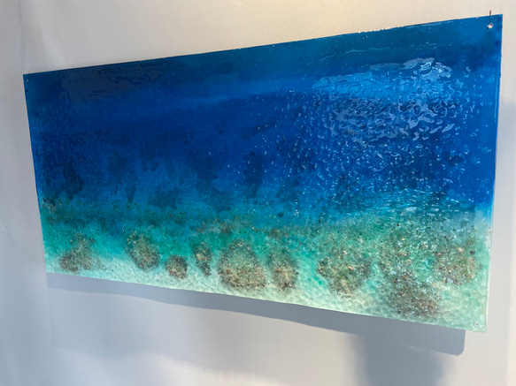 miyakuro様専用　アートパネル 珊瑚砂のラグーン　エメラルドブルーの海　カメとマンタの泳ぐ海　150×60 4枚目の画像