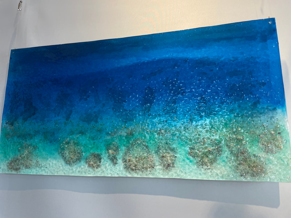 miyakuro様専用　アートパネル 珊瑚砂のラグーン　エメラルドブルーの海　カメとマンタの泳ぐ海　150×60 3枚目の画像