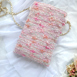 ピンクパール(真珠)❤️スマホポシェット ピンクツイード チェーンショルダー ご褒美 プレゼント 1枚目の画像