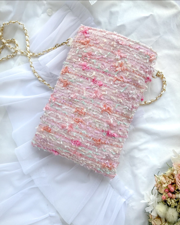 ピンクパール(真珠)❤️スマホポシェット ピンクツイード チェーンショルダー ご褒美 プレゼント 1枚目の画像