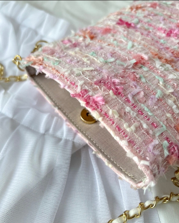 ピンクパール(真珠)❤️スマホポシェット ピンクツイード チェーンショルダー ご褒美 プレゼント 4枚目の画像