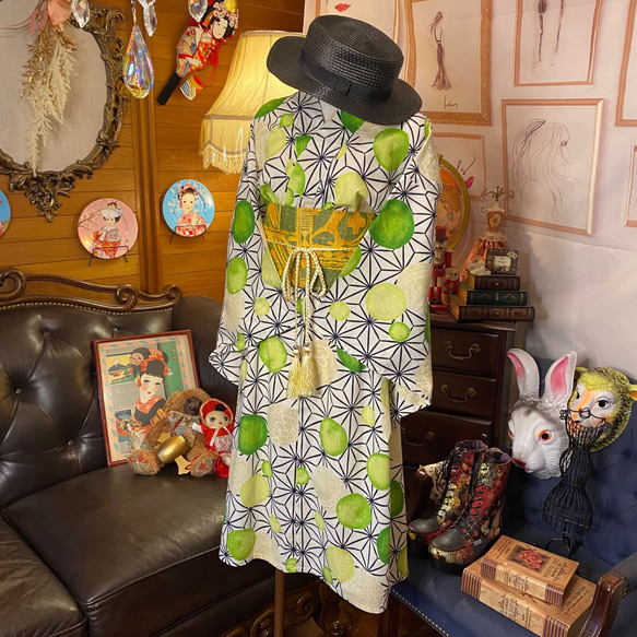 浴衣 ハンドメイド リメイク ワンピース ドレス 古着 和洋折衷 レトロ 和 モダン 素敵な麻の葉模様 W-207 5枚目の画像