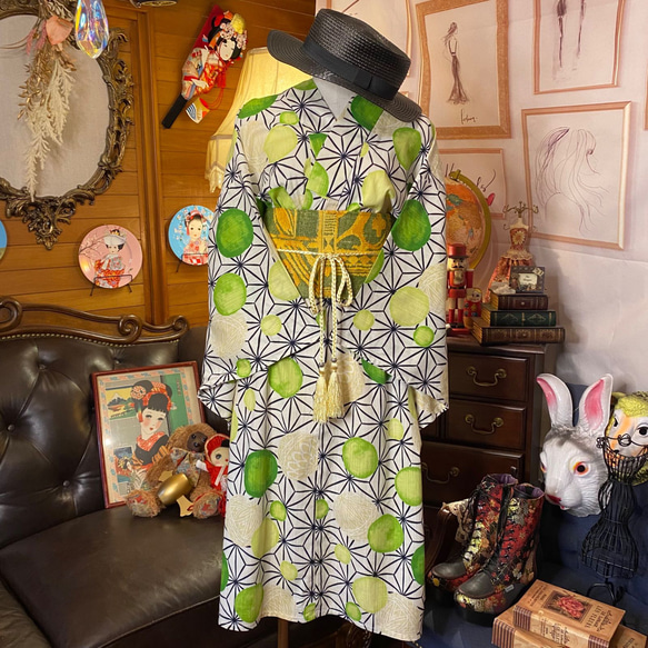 浴衣 ハンドメイド リメイク ワンピース ドレス 古着 和洋折衷 レトロ 和 モダン 素敵な麻の葉模様 W-207 4枚目の画像