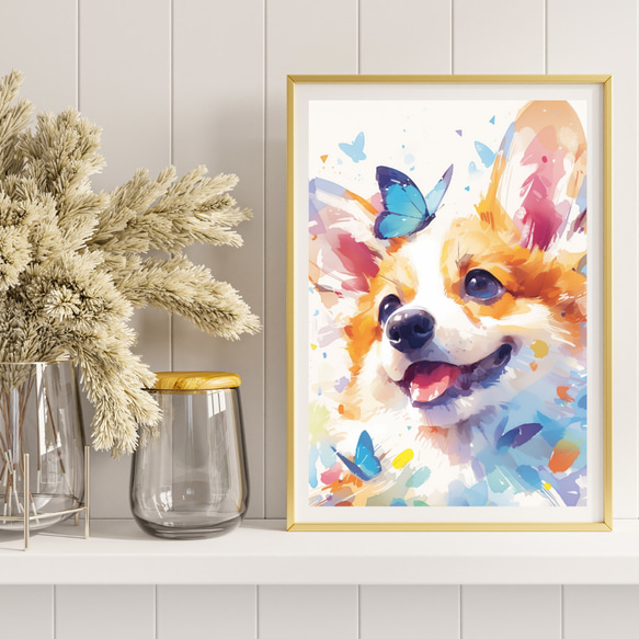 【蝶犬戯舞 - ウェルシュコーギー犬の子犬 No.1】春・蝶・子犬・アートポスター・犬の絵・犬の絵画・犬のイラスト 8枚目の画像