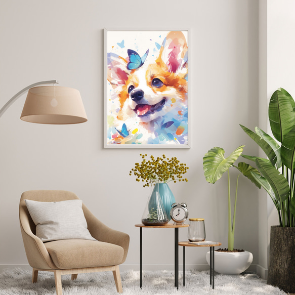 【蝶犬戯舞 - ウェルシュコーギー犬の子犬 No.1】春・蝶・子犬・アートポスター・犬の絵・犬の絵画・犬のイラスト 7枚目の画像