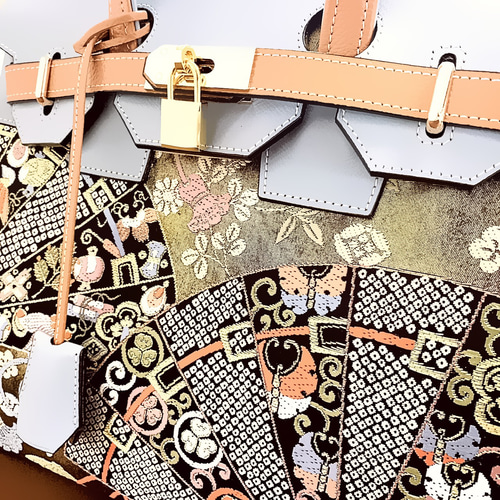 SOLD◇30サイズ#76◇着物帯と本革のリメイクバッグ◇remake.829