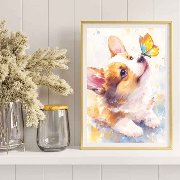 【蝶犬戯舞 - ウェルシュコーギー犬の子犬 No.3】春・蝶・子犬・アートポスター・犬の絵・犬の絵画・犬のイラスト 8枚目の画像