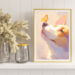【蝶犬戯舞 - ウェルシュコーギー犬の子犬 No.4】春・蝶・子犬・アートポスター・犬の絵・犬の絵画・犬のイラスト 8枚目の画像
