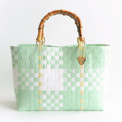 ほんのりミントグリーンのチェック×バンブーハンドル  M　2WAYプラカゴバッグ　母の日 14枚目の画像
