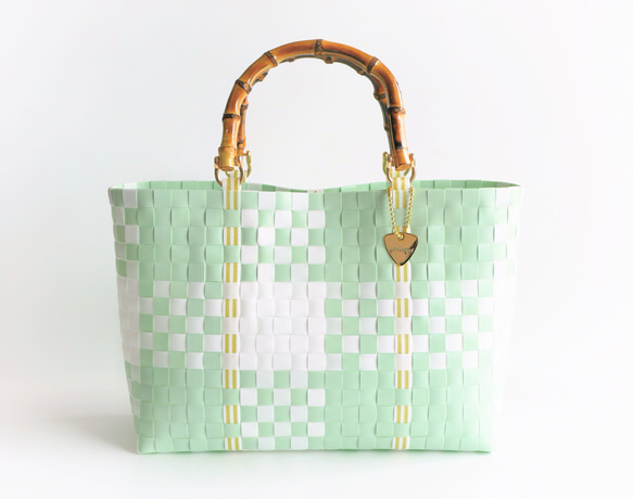 ほんのりミントグリーンのチェック×バンブーハンドル  M　2WAYプラカゴバッグ　母の日 14枚目の画像
