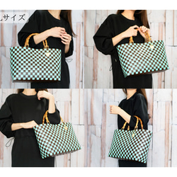 ほんのりミントグリーンのチェック×バンブーハンドル  M　2WAYプラカゴバッグ　母の日 15枚目の画像