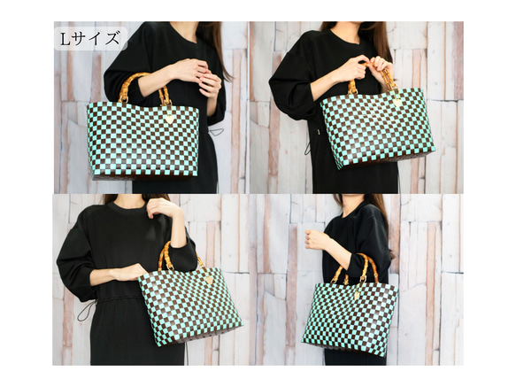 ほんのりミントグリーンのチェック×バンブーハンドル  M　2WAYプラカゴバッグ　母の日 15枚目の画像