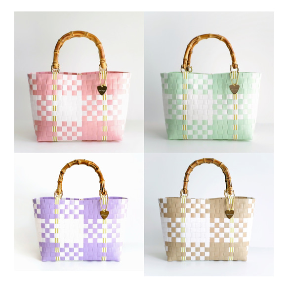 ほんのりミントグリーンのチェック×バンブーハンドル  M　2WAYプラカゴバッグ　母の日 16枚目の画像