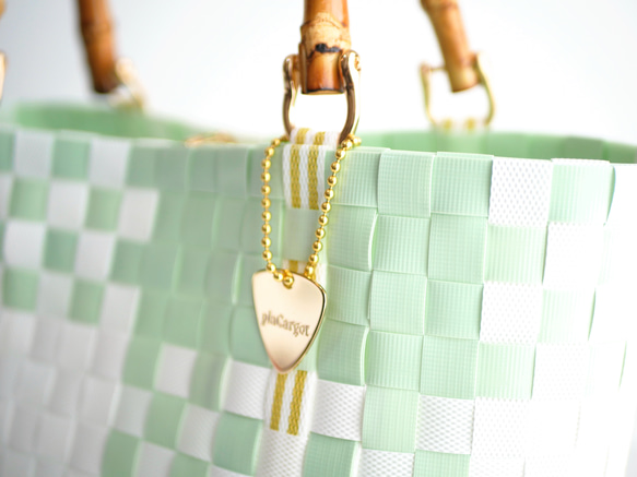 ほんのりミントグリーンのチェック×バンブーハンドル  M　2WAYプラカゴバッグ　母の日 8枚目の画像