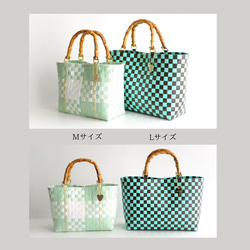 ほんのりミントグリーンのチェック×バンブーハンドル  M　2WAYプラカゴバッグ　母の日 12枚目の画像