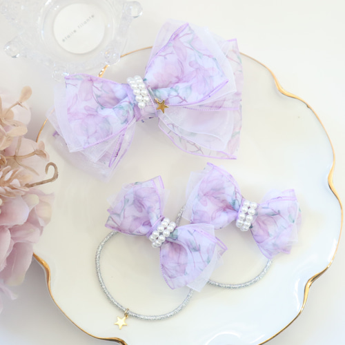 再販ハンドメイド♡リバティ×ギンガム、タグ オーガンジーフリルポニー 紫