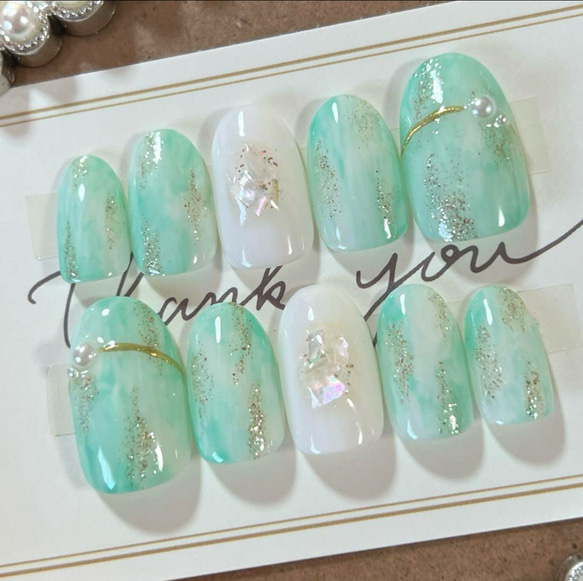 春ネイル ミントグリーン シェル ラメ リングネイル シンプル 大人