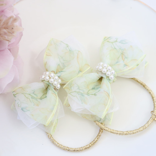 オーガンジーフラワーリボン イエロー ヘアゴム キッズ ゆめかわ 地雷  