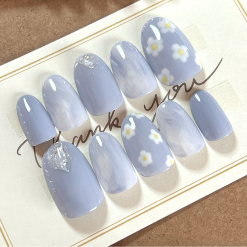 春ネイル 花柄 フラワー ブルー ネイルチップ ニュアンス シンプル  
