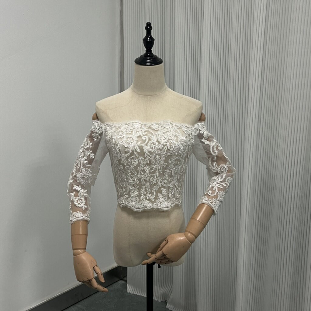 送料無料！ボレロ  オフショルダー  美しい花レース くるみボタン 披露宴/結婚式 ウェディングドレス ロングスリーブ