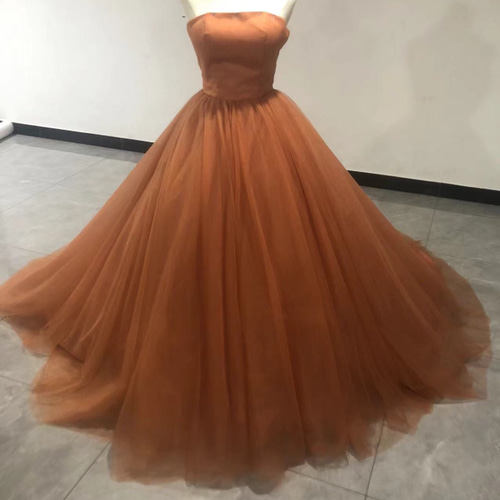 カラードレス オレンジ ソフトチュール ベアトップ 可愛い 花嫁 ドレス  