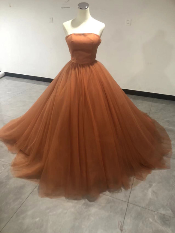 カラードレス オレンジ ソフトチュール ベアトップ 可愛い 花嫁 ドレス  