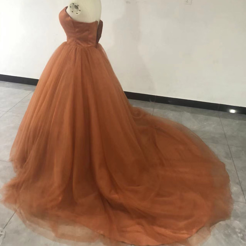 カラードレス オレンジ ソフトチュール ベアトップ 可愛い 花嫁 ドレス  