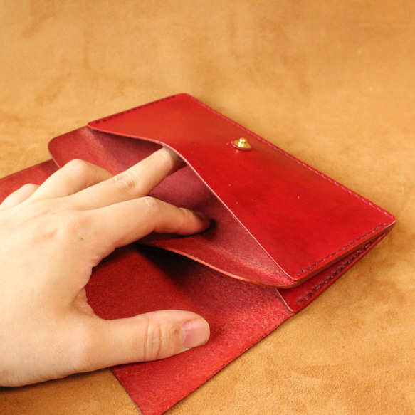 【訳あり特価】シンプル長財布　手染め赤　革端使用 6枚目の画像