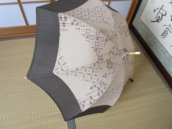 手織り節紬＋大島紬の日傘（傘袋付き 5枚目の画像