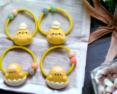 ひよこママ様ご確認用☆ハンドメイド　ヘアゴム ヘアゴム キッズ 子供 ヒヨコ イエロー 2タイプ各2個 動物 ヘア