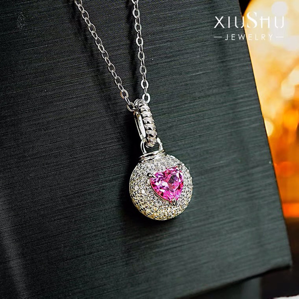 ピンク ハート ラウンド 高炭素ダイヤモンド キラキラ ゴージャス ヘイローネックレス ホワイト 可愛い かわいい 6枚目の画像