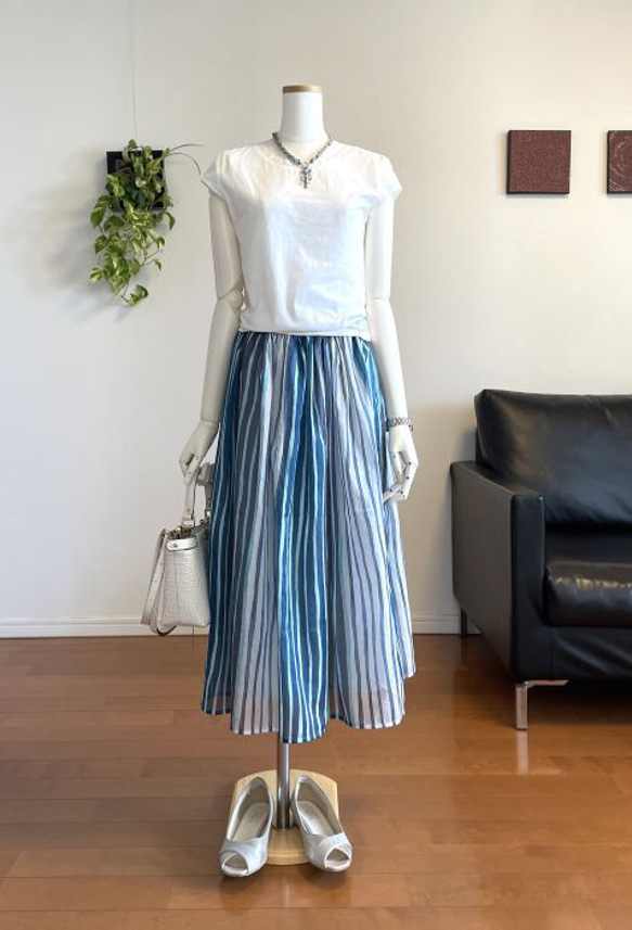 【完成品】5号 ロングギャザースカート(青ストライプ　77cm丈） 4枚目の画像