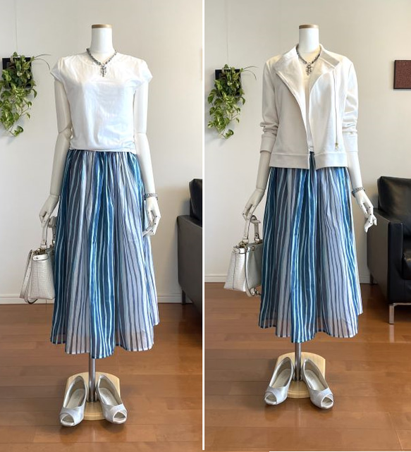 【完成品】5号 ロングギャザースカート(青ストライプ　77cm丈） 11枚目の画像