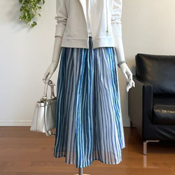 【完成品】5号 ロングギャザースカート(青ストライプ　77cm丈） 8枚目の画像