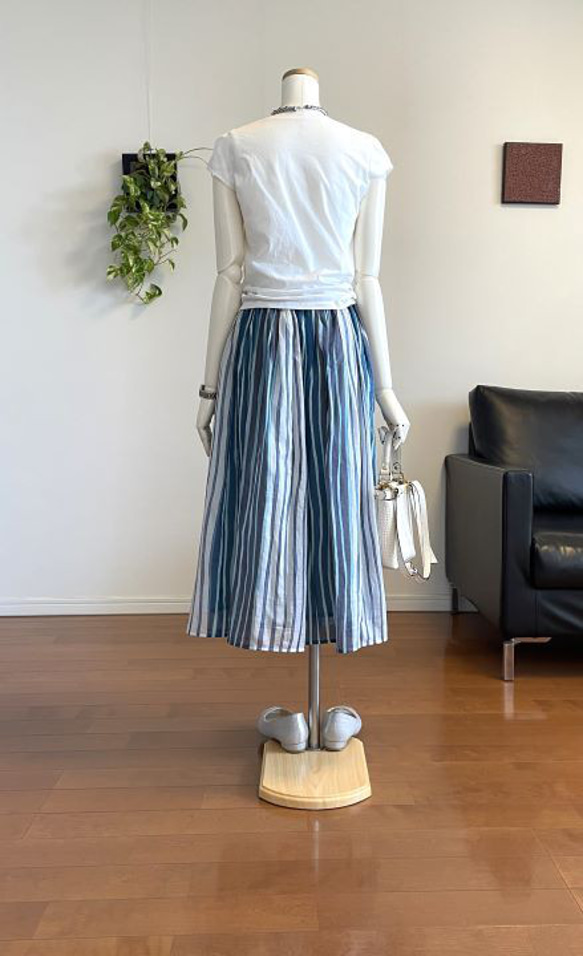 【完成品】5号 ロングギャザースカート(青ストライプ　77cm丈） 6枚目の画像