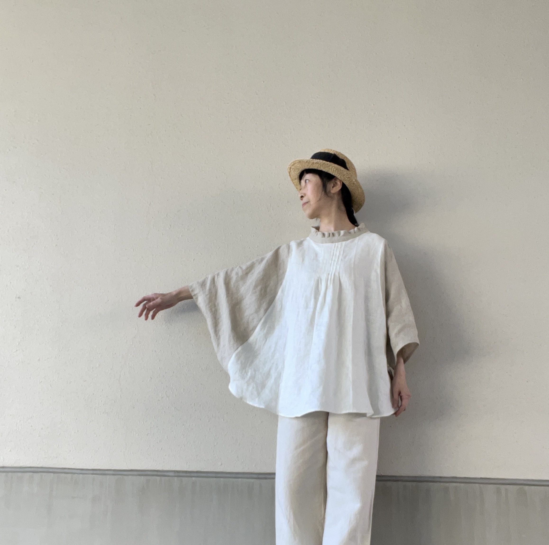 『creema限定』フレンチリネン100% バイカラーフリル円ブラウス
