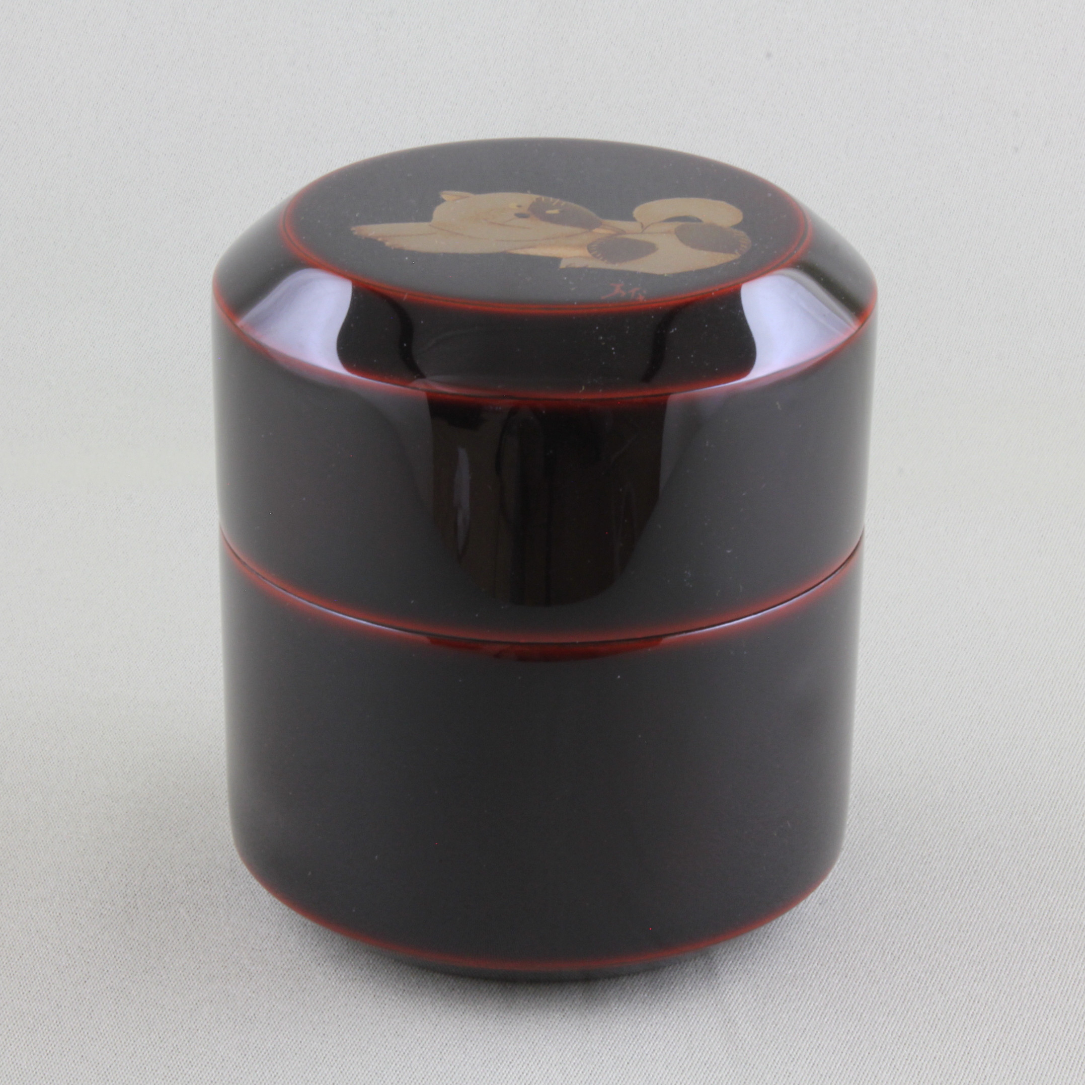 203 輪島塗／茶筒／溜塗／子犬蒔絵