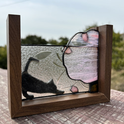 桜と黒猫のステンドグラス レトロガラス 昭和ガラス 桜 3枚目の画像