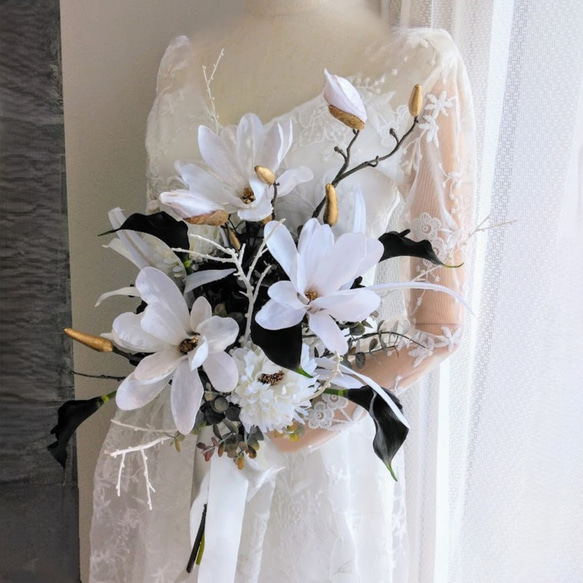 和のウェディングブーケ マグノリア (木蓮) と カラーリリー ns884 アーティフィシャルフラワー 