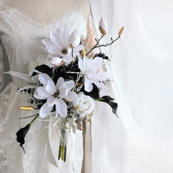 和のウェディングブーケ マグノリア (木蓮) と カラーリリー ns884 アーティフィシャルフラワー 