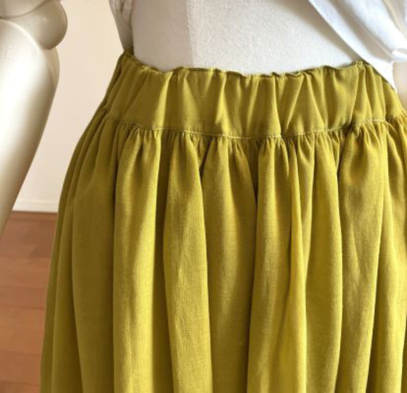 【完成品】5号 ロングギャザースカート(黄みがかった萌黄色　77cm丈） 10枚目の画像
