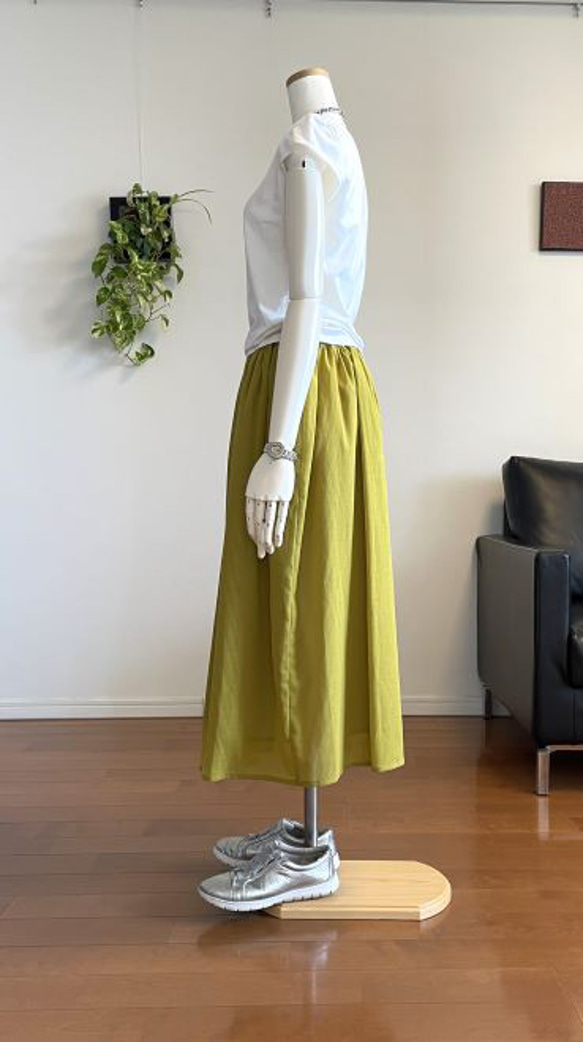 【完成品】5号 ロングギャザースカート(黄みがかった萌黄色　77cm丈） 5枚目の画像