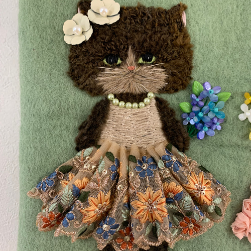 ドレスを着た猫さん 羊毛フェルト生地のバッグ ハンドバッグ はな 
