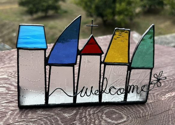 ステンドグラスの小さなお家　welcomeなお家　昭和ガラス　レトログラス 2枚目の画像