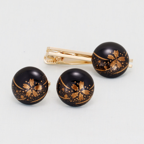 伝統工芸 輪島塗 カフスボタン(カウス)・ネクタイピンセット 「黒塗
