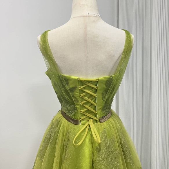 送料無料！カラードレス  編み上げ   キラキラグリッターチュール   グリーン  ベルト  ロング  ブライダル 7枚目の画像