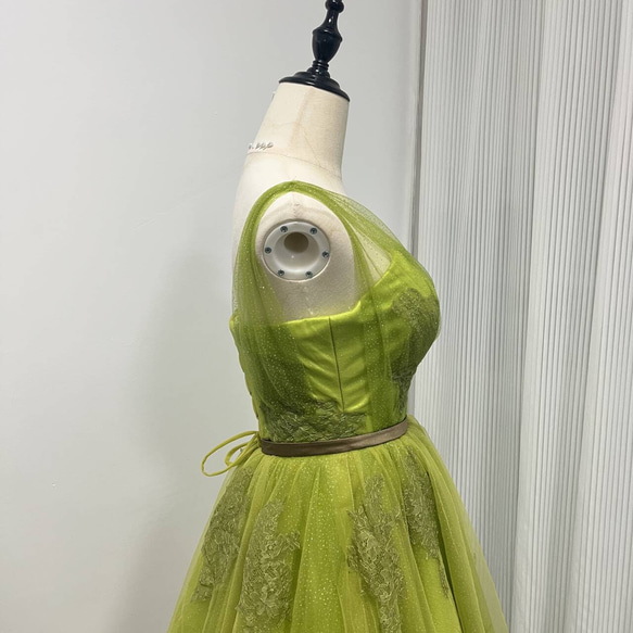 送料無料！カラードレス  編み上げ   キラキラグリッターチュール   グリーン  ベルト  ロング  ブライダル 6枚目の画像