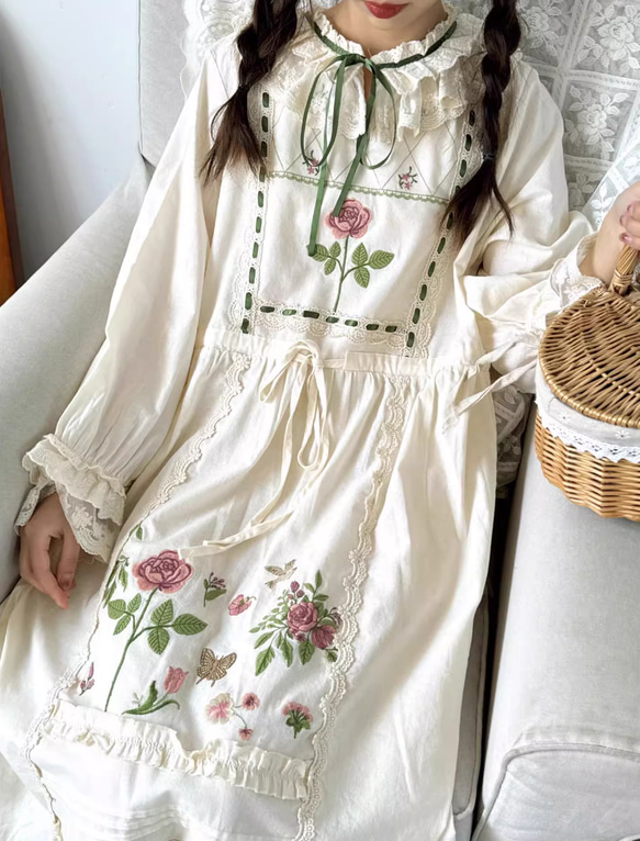 ❣️春のワンピース　綿麻.刺繍.ミディアム丈スカート　可愛らしい　ゆったり 6枚目の画像